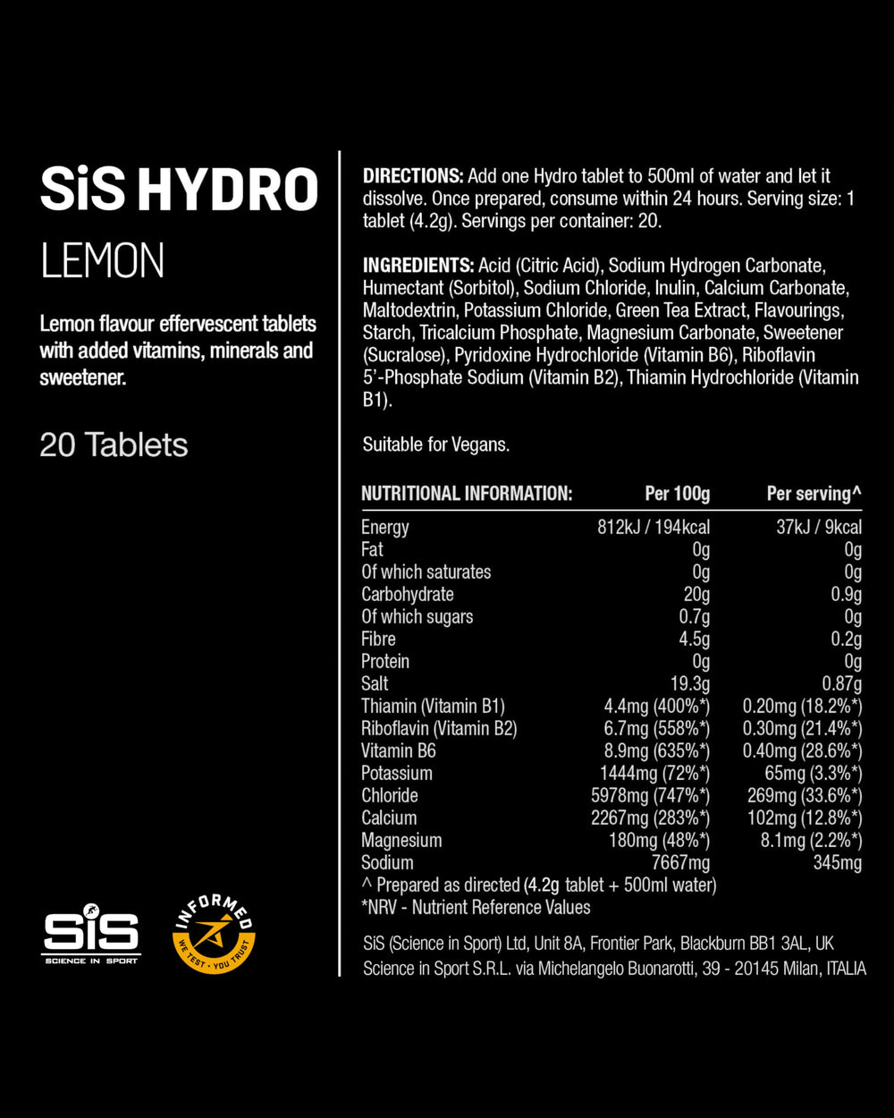 Science in Sport Hydro Electrolyte Tablets — Lemon