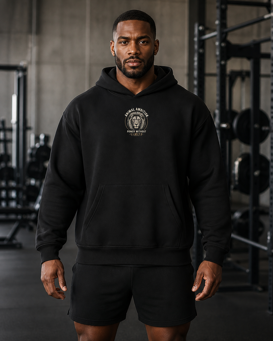 AI-generated gym lifestyle visualisation — Lion Crest black hoodie, front view. Refer to supplier mockups for garment details.
