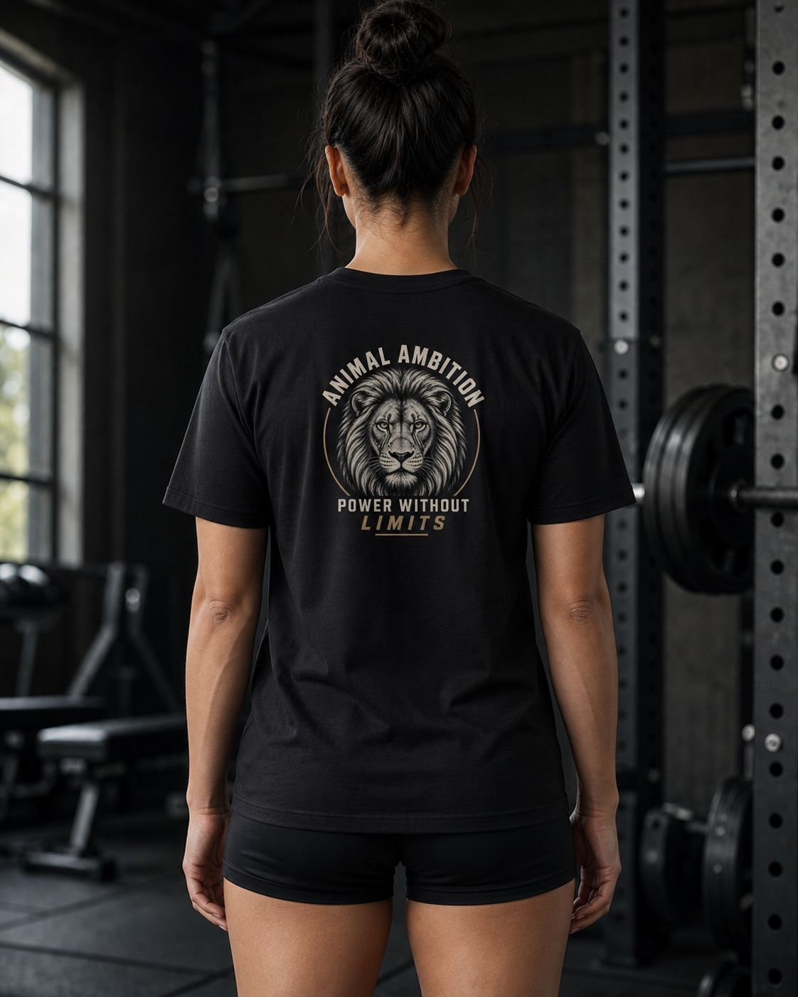 AI-generated gym lifestyle visualisation — Lion Crest black T-shirt, back view. Refer to supplier mockups for garment details.
