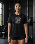 AI-generated gym lifestyle visualisation — Lion Crest black T-shirt, front view. Refer to supplier mockups for garment details.