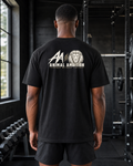 AI-generated gym lifestyle visualisation — AA + Lion Statement black T-shirt, back view. Refer to supplier mockups for garment details.