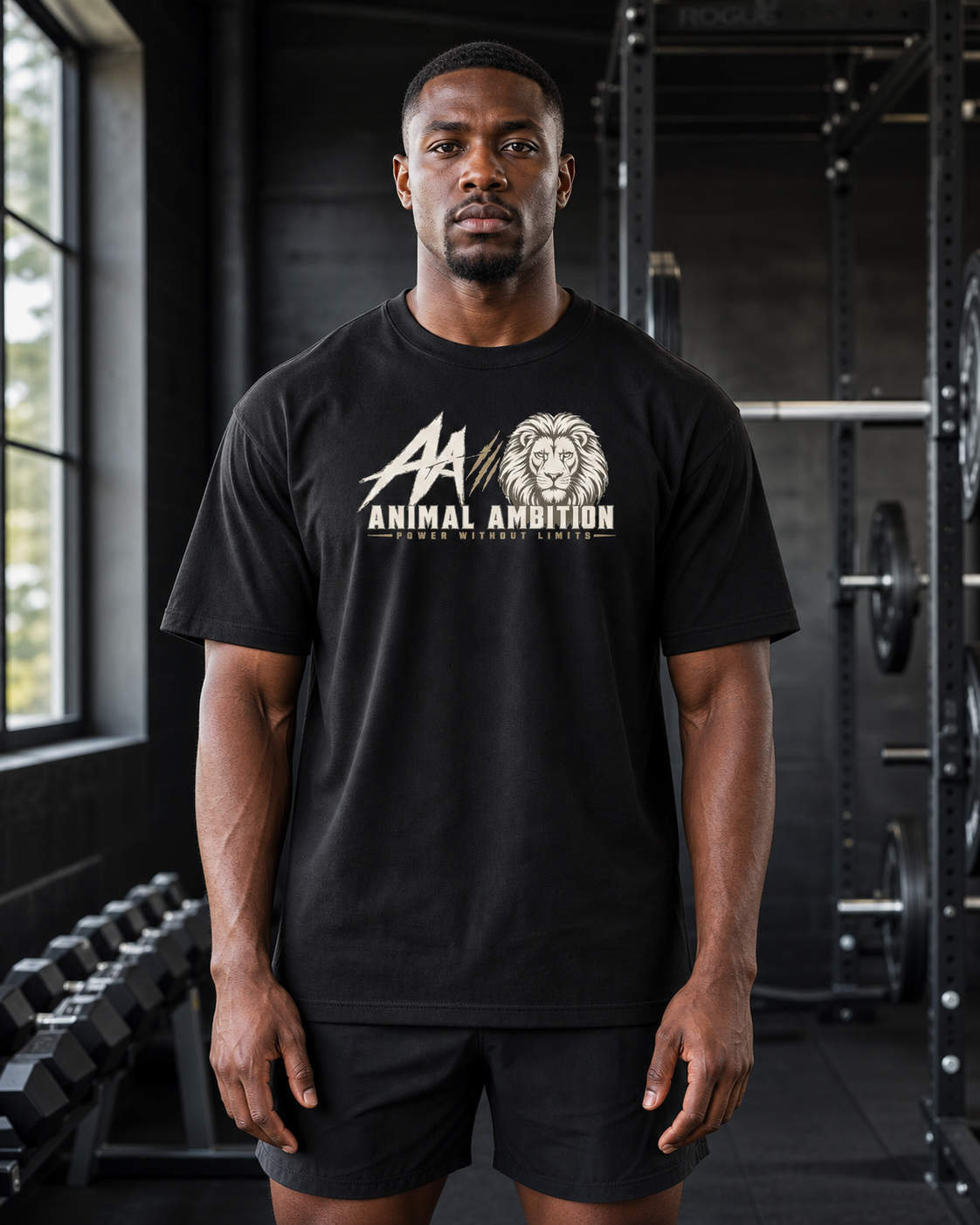 AI-generated gym lifestyle visualisation — AA + Lion Statement black T-shirt, front view. Refer to supplier mockups for garment details.