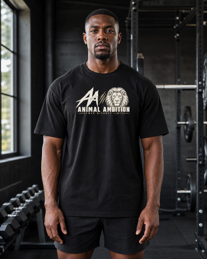 AI-generated gym lifestyle visualisation — AA + Lion Statement black T-shirt, front view. Refer to supplier mockups for garment details.