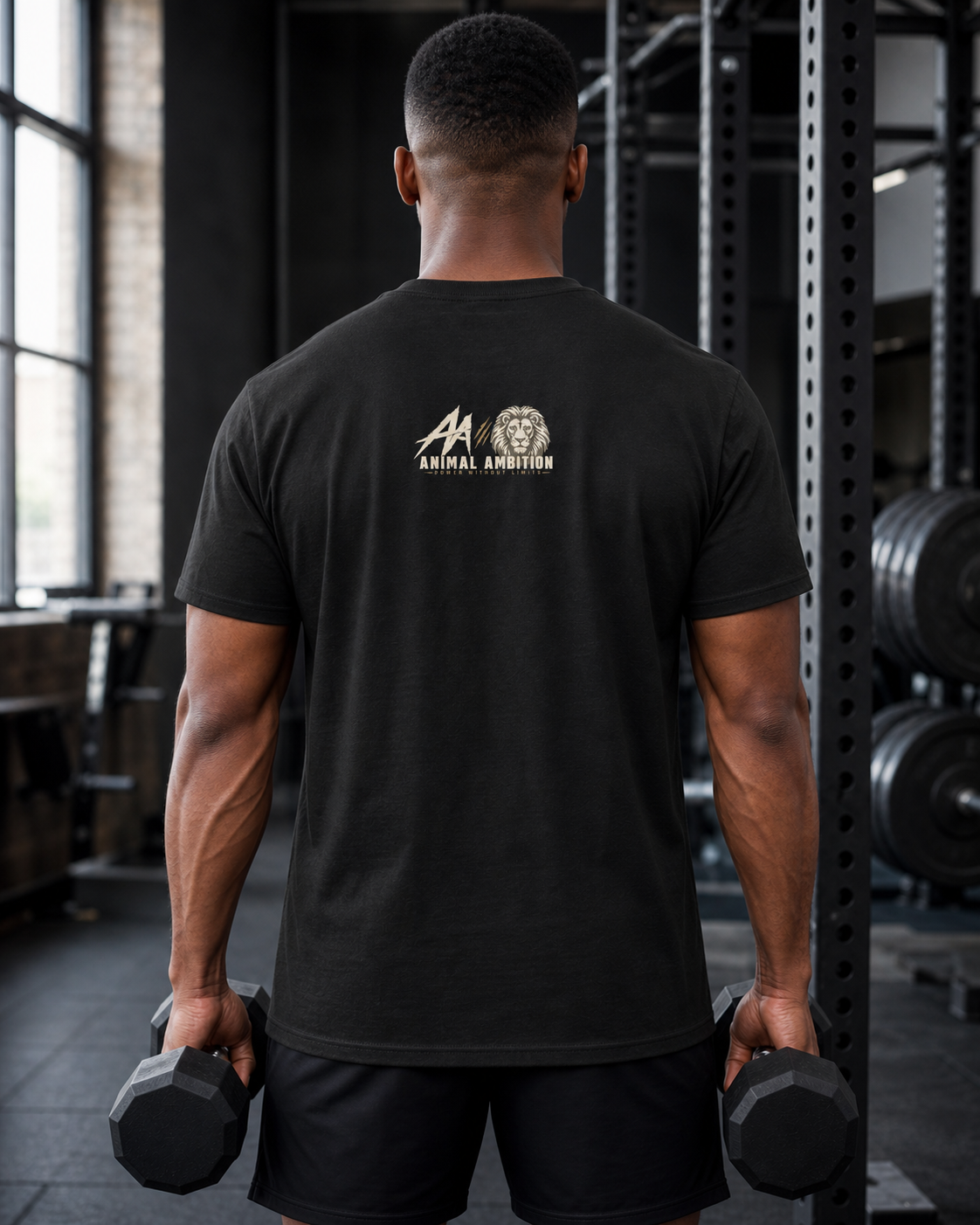 AI-generated gym lifestyle visualisation — ANIMAL AMBITION AA + Lion Core T-Shirt, Black, back view. Refer to supplier mockups for garment details.