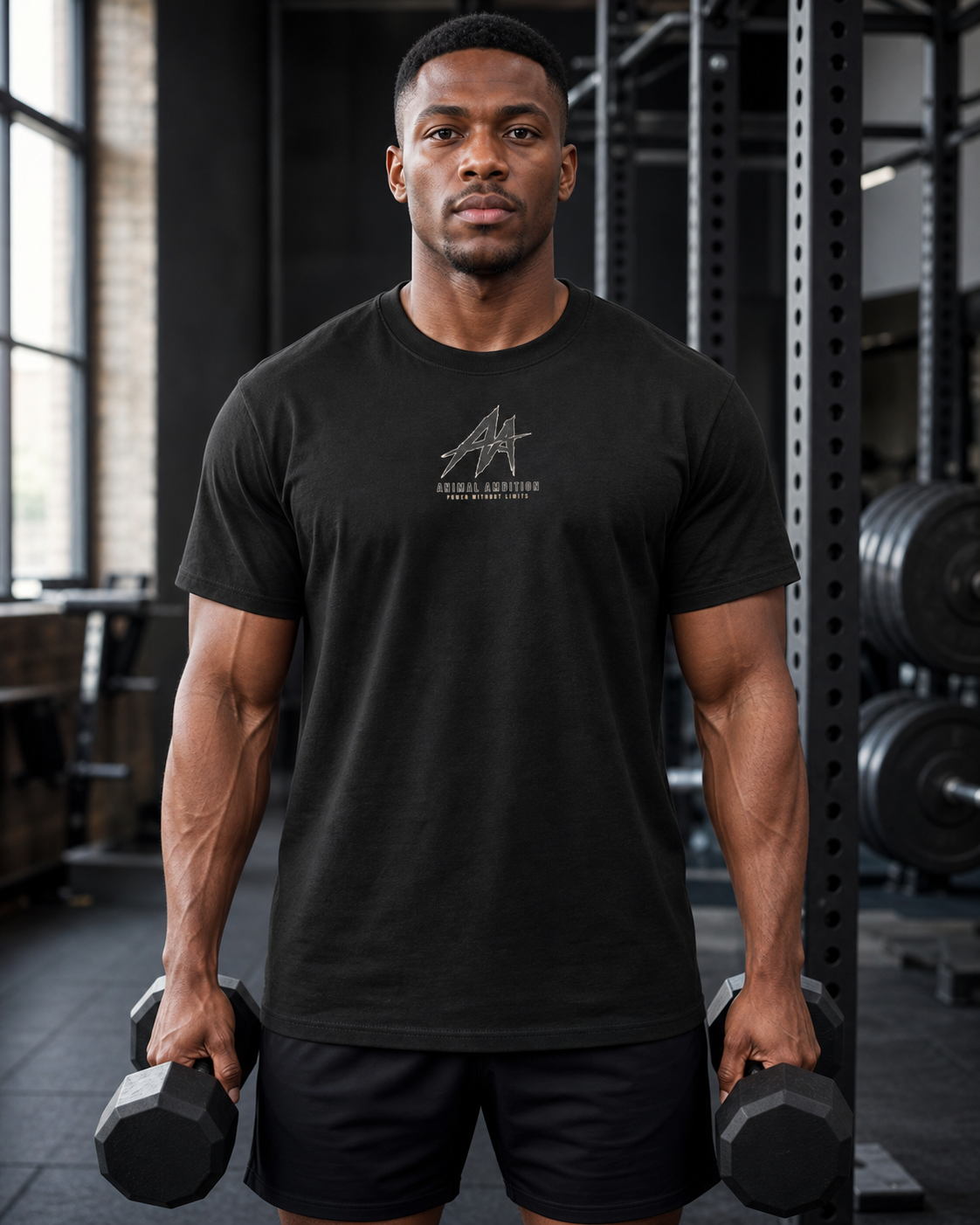 AI-generated gym lifestyle visualisation — ANIMAL AMBITION AA + Lion Core T-Shirt, Black, front view. Refer to supplier mockups for garment details.
