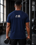 AI-generated gym lifestyle visualisation — ANIMAL AMBITION AA + Lion Core T-Shirt, Navy, back view. Refer to supplier mockups for garment details.