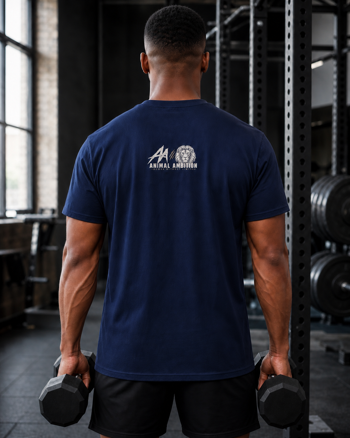 AI-generated gym lifestyle visualisation — ANIMAL AMBITION AA + Lion Core T-Shirt, Navy, back view. Refer to supplier mockups for garment details.