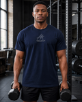 AI-generated gym lifestyle visualisation — ANIMAL AMBITION AA + Lion Core T-Shirt, Navy, front view. Refer to supplier mockups for garment details.