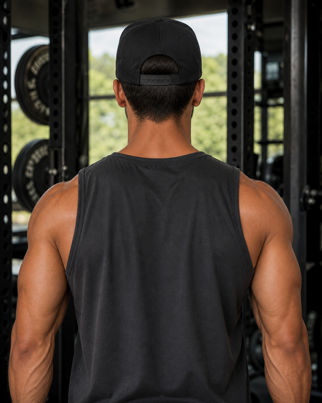 AI-generated gym lifestyle visualisation — ANIMAL AMBITION Lion Training Cap, Black, back view. Plain rear with plastic snapback. Refer to supplier mockups for product details.