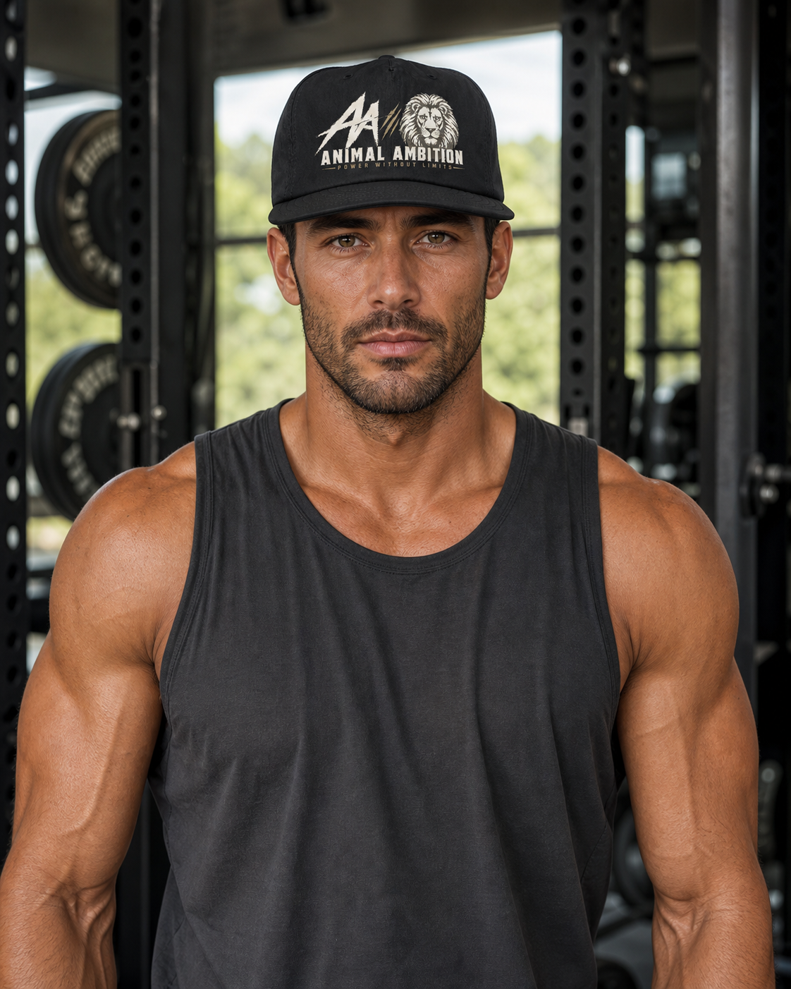 AI-generated gym lifestyle visualisation — ANIMAL AMBITION Lion Training Cap, Black, front view. Refer to supplier mockups for product details.