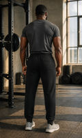 AI-generated gym lifestyle visualisation — ANIMAL AMBITION Signature Relax Joggers, Black, back view. Plain rear with right pocket. Refer to supplier mockups for garment details.