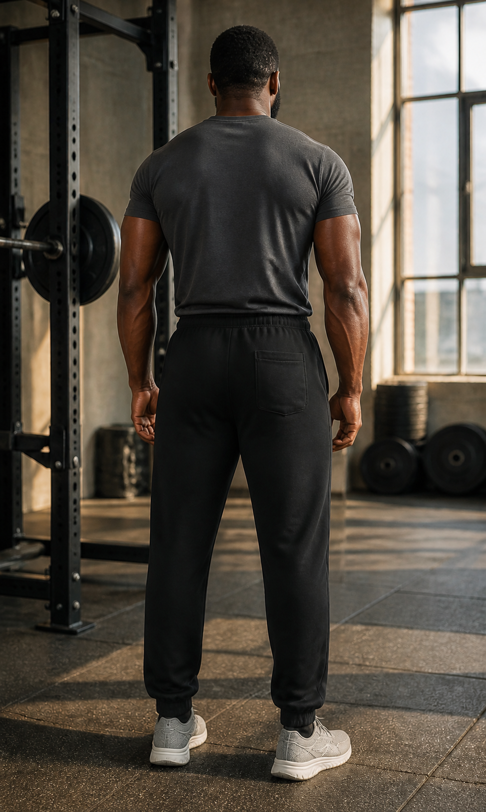 AI-generated gym lifestyle visualisation — ANIMAL AMBITION Signature Relax Joggers, Black, back view. Plain rear with right pocket. Refer to supplier mockups for garment details.