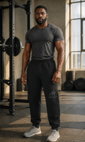 AI-generated gym lifestyle visualisation — ANIMAL AMBITION Signature Relax Joggers, Black, front view. Refer to supplier mockups for garment details.
