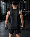 AI-generated gym lifestyle visualisation — ANIMAL AMBITION Lion Performance Vest, Jet Black, back view. Plain back; front print only. Refer to supplier mockups for garment details.
