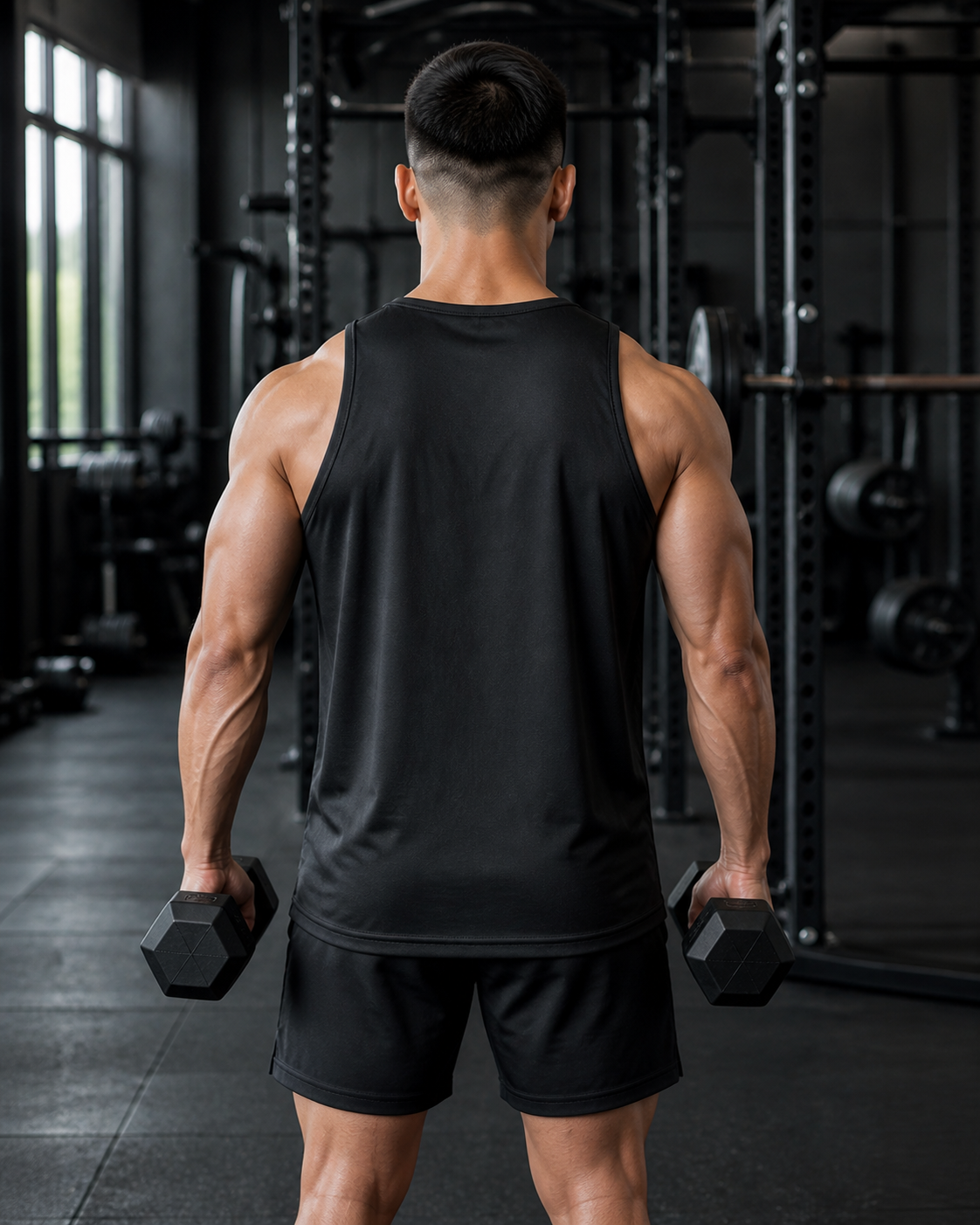 AI-generated gym lifestyle visualisation — ANIMAL AMBITION Lion Performance Vest, Jet Black, back view. Plain back; front print only. Refer to supplier mockups for garment details.