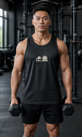 AI-generated gym lifestyle visualisation — ANIMAL AMBITION Lion Performance Vest, Jet Black, front view. Refer to supplier mockups for garment details.