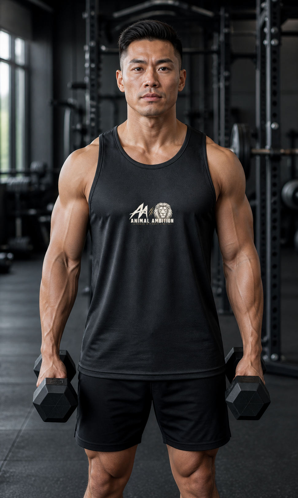 AI-generated gym lifestyle visualisation — ANIMAL AMBITION Lion Performance Vest, Jet Black, front view. Refer to supplier mockups for garment details.